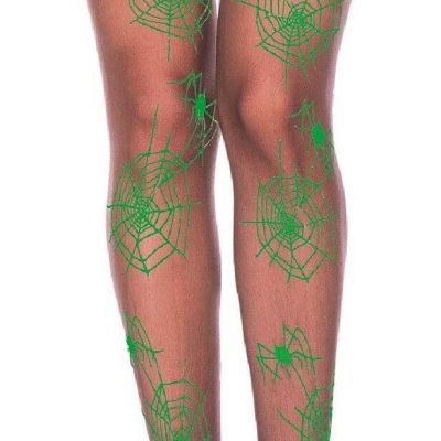 Music Legs SPIDERWEB PRINT Sheer Pantyhose New ~ Black W/ Green Webs ~ Halloween